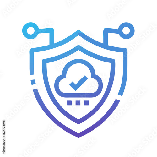 Stylized cloud security shield icon with checkmark, digital protection concept, gradient design
