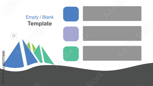 Mountain with Rounded Square List and Blank Gray Text Boxes Infographic Layout