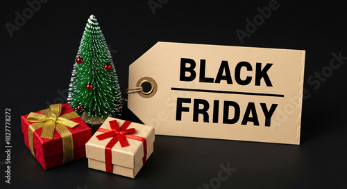 Get Ready for Black Friday Deals Featuring Festive Gifts and a Decorated Christmas Tree, Perfect for Holiday Shopping Ads and Seasonal Promotions