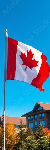 Red and white Canadian flag waving proudly in the wind,  blowing,  daylight