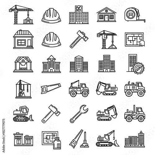 Construction icons set, building elements, tools and equipment, heavy machinery, blueprints, safety helmets, architecture design, engineering symbols