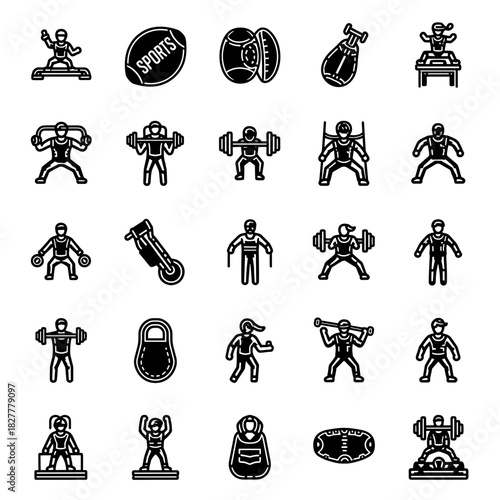 Collection of Sports and Fitness Icons Representing Weightlifting, Training, and Athletic Activities with Diverse People