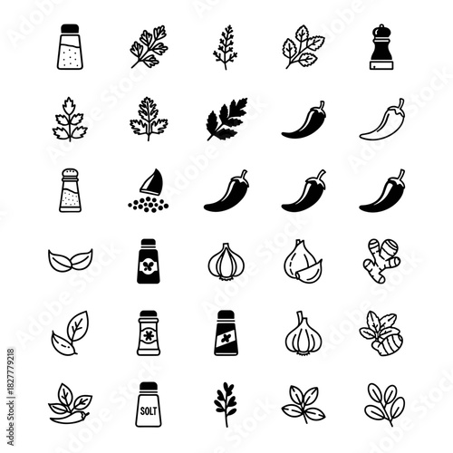 Collection of Food Spice Icons Including Salt Shaker, Pepper Mill, Chili Peppers, Garlic, Ginger, Herbs and Leaves Vector Illustrations