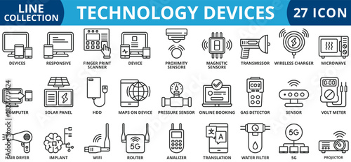 Technology devices icon set outline style icon set collection vector illustration