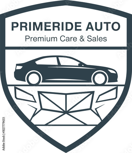 Primeride Auto Premium Care and Sales in Automotive Shield Vector llustration 