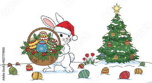Festive fusion of Christmas and Easter joy a rabbit wearing a Santa hat with eggs and a decorated Christmas tree in the snow spreading holiday cheer