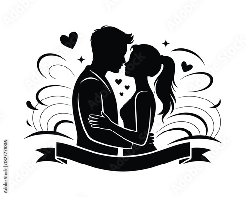 Romantic silhouette of a couple embracing with hearts and decorative swirls