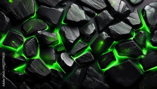 High Contrast Anthracite Stone Texture With Glowing Green Elements On A Dark Surface