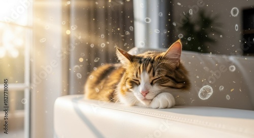 Domestic shorthair cat resting peacefully on couch. Domestic shorthair cat is sleeping comfortably, embodying serenity and relaxation, with sunlight streaming through window.