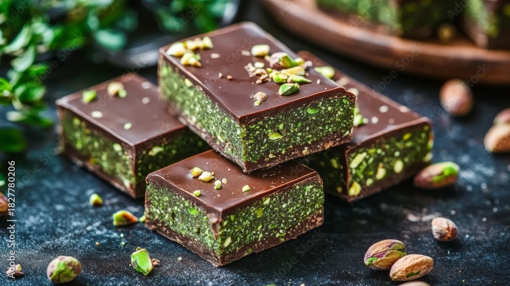 Obraz premium Close-Up of Delicate Arabic Sweets with Pistachio Spread, Dark Green Dessert Presentation in Stack