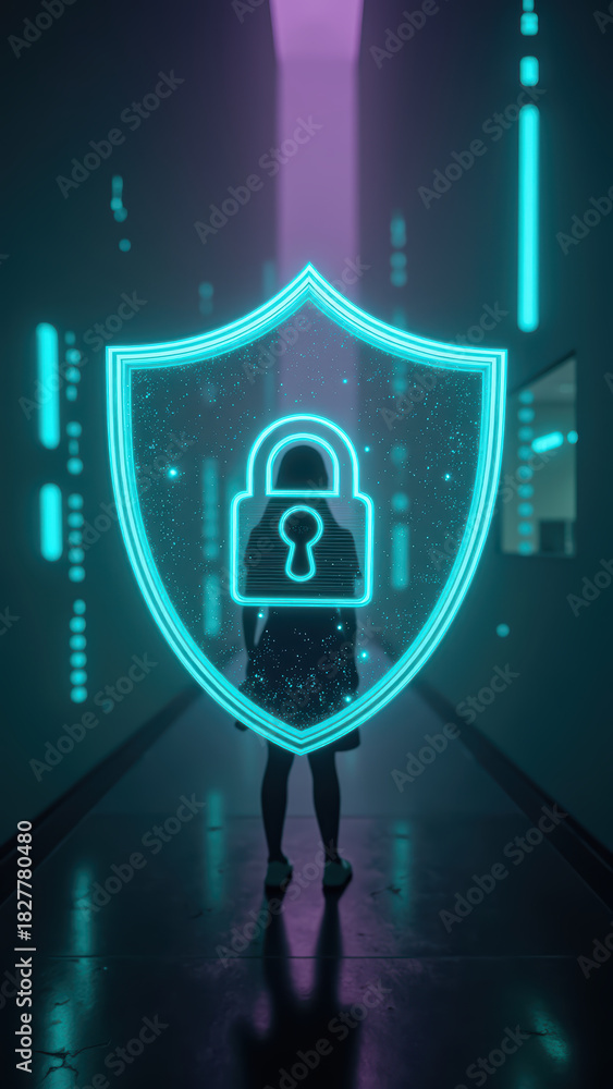 Fototapeta premium Digital shield with lock symbol represents security and protection in futuristic corridor. glowing elements create sense of safety and technology