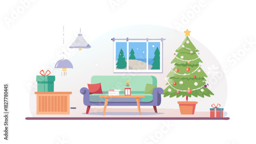 Cozy living room decorated for christmas holidays with illuminated festive tree, gift boxes, comfortable sofa, and winter window view illustration