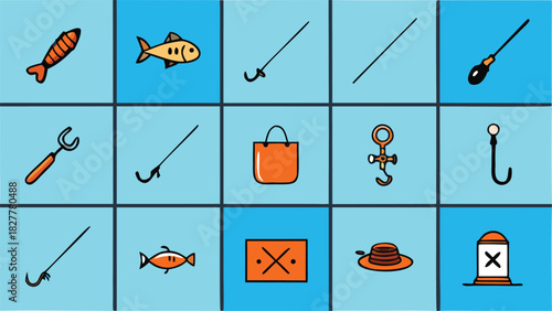 Vector fishing gear icons set scalable illustration for outdoor recreation and angling eps