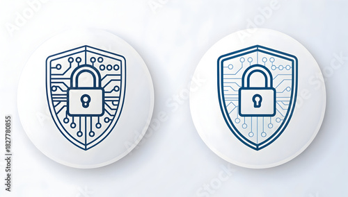Cybersecurity concept icons featuring a padlock shield design with integrated digital circuit lines on white buttons.