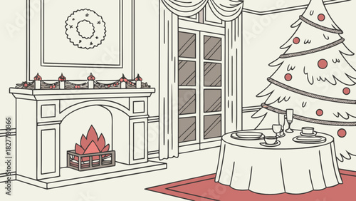 Cozy holiday season interior with a festive christmas tree, warm fireplace, and elegantly set dining table, perfect for winter celebrations and home comfort.