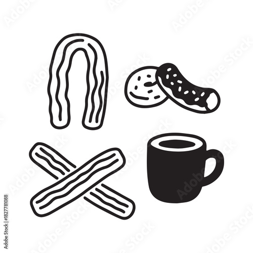  Breakfast Food Icon Vector Set Bacon, Pretzel, and Coffee Graphics Collection.