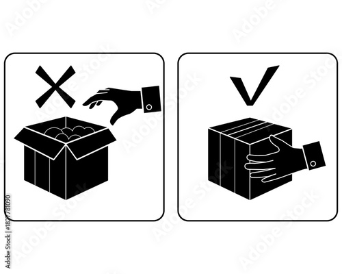 "Do not unpack, take box closed" sign, "Do not unpack" sign in a warehouse - vector silhouette image for stencil. Do not unpack boxes.