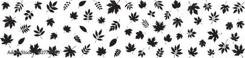 Monochrome pattern of various types of leaves scattered across a white background