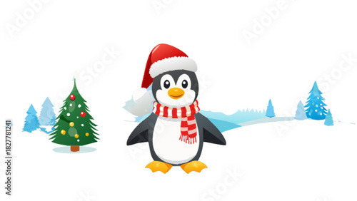 Cute cartoon penguin wearing a festive red santa hat and striped scarf, standing happily in a snowy winter scene with a decorated christmas tree, evoking holiday cheer and seasonal joy