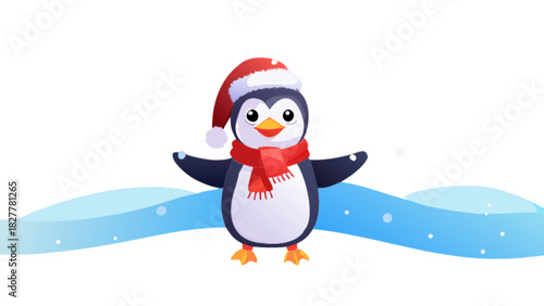 A cheerful cartoon penguin character wearing a festive santa hat and a warm red scarf, standing happily on snowy blue waves, ready for winter holidays.