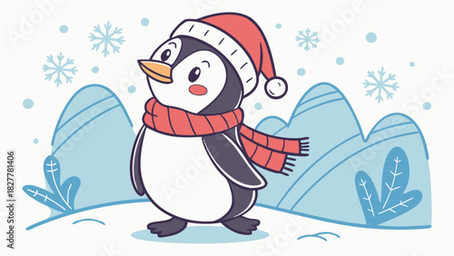Cute cartoon penguin in a red santa hat and striped scarf standing in a snowy winter landscape with blue hills and falling snowflakes, a cheerful seasonal winter illustration.