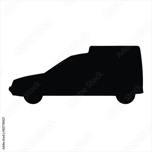 A black silhouette of a utility van viewed from the side, showcasing its distinct boxy shape and simple design