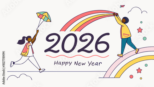 New year 2026 celebration art: diverse characters, woman with parachute, man on rainbow. symbolizes hope, progress, joy, bright future ahead.