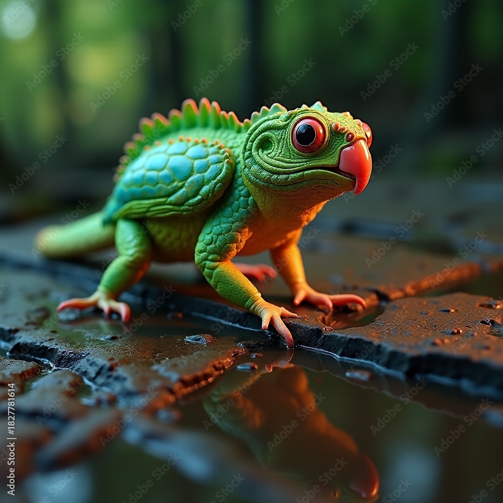 Fototapeta premium Vibrant hybrid creature exploring a mystical forest path Generative AI