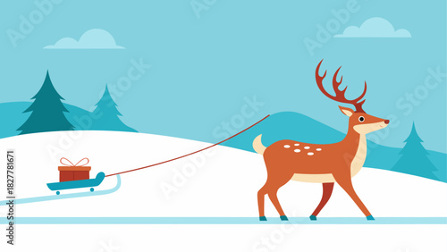 Cartoon deer pulling a gift on a sled