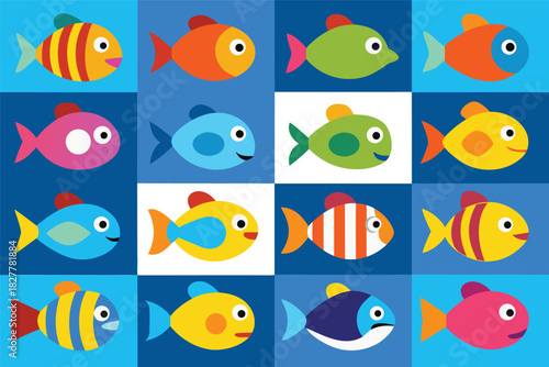 Colorful cartoon tropical fish vector icons set for ocean sea life design