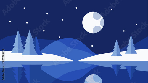 Winter landscape, snowy night scene, moonlit mountains, serene vector illustration