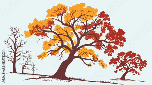 Illustrative autumn trees, one with rich yellow and red leaves, others bare, standing on a gentle rise, capturing the essence of the season's transition.