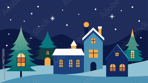 Winter village, snowy night scene, houses and trees, Christmas background, vector illustration