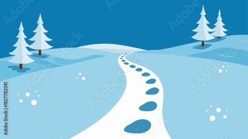 Winter landscape, snowy path, frozen hills, evergreen trees, cold climate