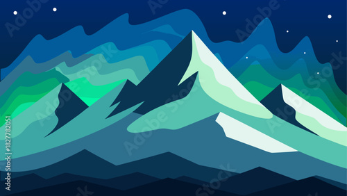 Illustration of mountains and aurora borealis