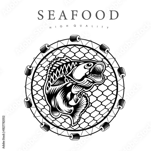 Perch vector emblem with fishing net background isolated on white. Design of label for canned fish and seafood