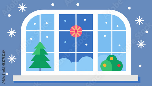 Winter scene through a window with tree