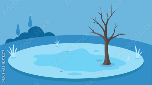 Winter landscape with bare tree and pond