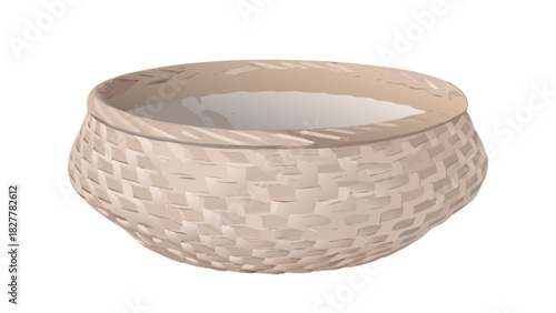 Empty natural light brown woven basket, handcrafted with intricate texture, ideal for home decor, storage, or displaying fruit, isolated.