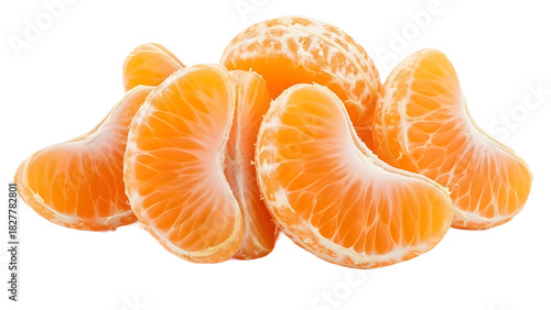 A close up view of peeled mandarin orange segments and a whole peeled mandarin on black background