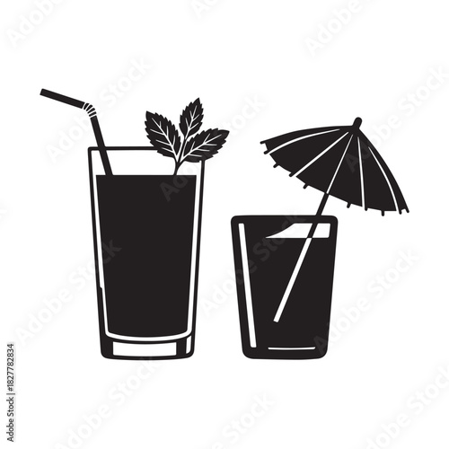Summer Cocktail Drink Icons Iced Beverage, Mint, Umbrella, and Straw Set.