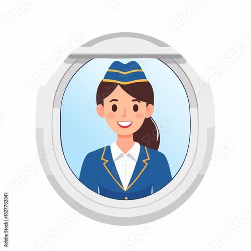 Happy smiling female flight attendant looking out from airplane window, with clear sky background.