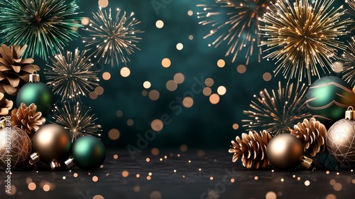 Festive Fireworks: A vibrant display of holiday cheer, with sparkling fireworks illuminating the night sky, complemented by decorative ornaments and pinecones, creating a celebratory atmosphere.