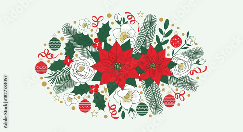 Elegant poinsettia and ornament arrangement conveys festive Christmas cheer for holiday greeting cards and seasonal promotions this winter season