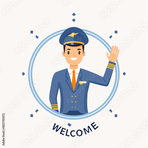 Smiling pilot in uniform waving, inside a blue circular frame with "Welcome" text.