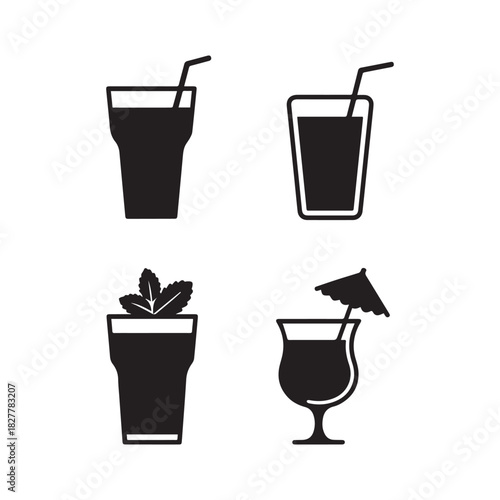 Summer Cocktail Drink Icons Iced Beverage, Mint, Umbrella, and Straw Set.