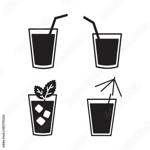 Summer Cocktail Drink Icons Iced Beverage, Mint, Umbrella, and Straw Set.