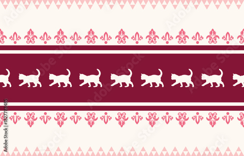 Vector seamless pattern with cat silhouettes and tribal geometric motifs. Monochrome design. Use this pattern for creating pet themed designs, textile prints, packaging, and more. Perfect for cat love