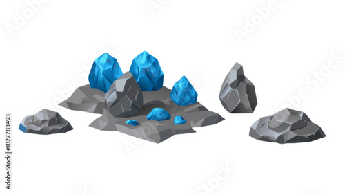 Stylized blue crystal gems and grey rock formations set on a simplified terrain patch, game asset illustration for fantasy or mining themes, resource element