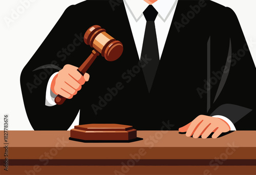 Illustration of a person in a suit holding a gavel over a block. The hand is raised